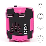 LOOP World Travel Adapter, Worldwide [US UK EU AU/CN] Charger with 3000mAh Power Bank, Dual Smart Power USB Charging Ports & Universal AC Socket - Safety Fused (Pink)