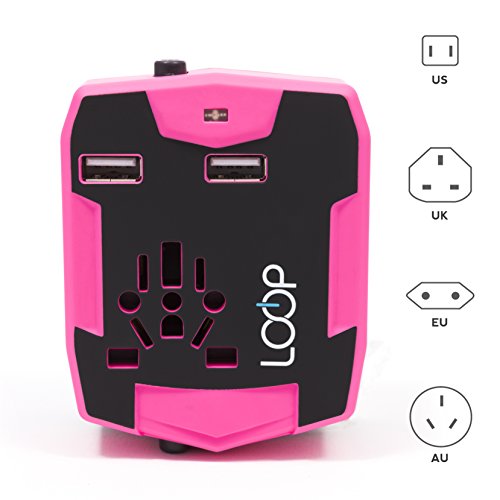 LOOP World Travel Adapter, Worldwide [US UK EU AU/CN] Charger with 3000mAh Power Bank, Dual Smart Power USB Charging Ports & Universal AC Socket - Safety Fused (Pink)
