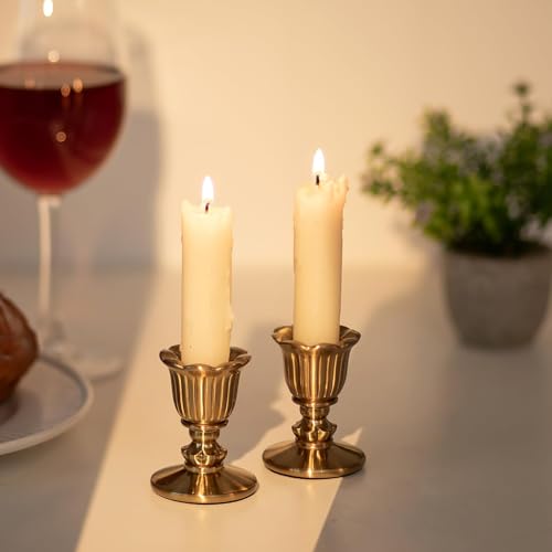 NUPTIO Candlestick Holder Vintage Brass: Small Gold Candle Holders Metal for Taper Candles Table Centerpiece Dining Room Decorations - Ramadan Wedding Party Christmas Set of 2