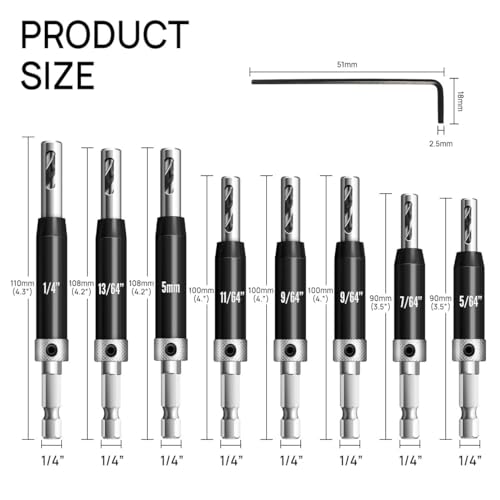 Canitu 17Pcs Black Self Centering Drill Bit Set 1/4" Hex Shank VIX Bit, 5/64-1/4” Quick Change Hinge Center Drill Bits with 1 Hex Key & 8 Drill Bits for Woodworking Metal Wood Cabinet Window Door by Canitu - Image 2