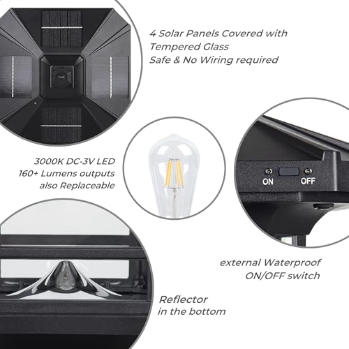 Kemeco Solar Post Light ST4338Q with Pire Mount Base Outdoor, Waterproof Black Cast Aluminum Bright Warm White LED Solar Powered Lamp for Pole Pillar Yard Deck Garden Gates Landscape