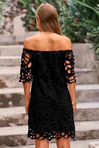 PRETTYGARDEN Women's Summer Off Shoulder Dresses Floral Lace Flare Short Sleeve Spring Vintage Elegant Mini Dress2