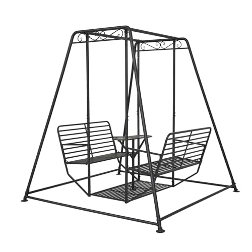 Zurssar 87”H Metal Swing Chair w/Table, Heavy Duty Outdoor Swing Bench with Stand, 4-Seat Swingsets for Patio Garden Yard, 880 LBS Weight Capacity, Easy Assembly, Black