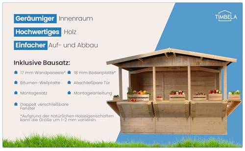 TIMBELA M150B Holz Gartenhaus, Marktbude Holz, Qualitäts Schiffslatten Kiefern Fichte Verkaufsstand Holzhaus mit Theke, FÜNF Fenster, 200x300/6 m2, große multifunktionale Garten-Bar Verkaufshütte