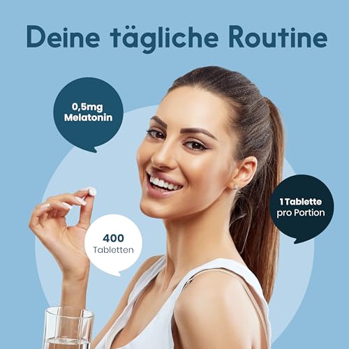 Melatonin Tabletten - 400 Stück mit 0,5mg Melatonin pro Tablette, hochdosiert - vegan und produziert in Deutschland - Verpackung kann variieren