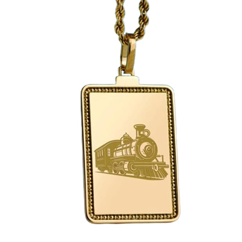 Collier en argent 925 plaqué or gravé d'un train, un bijou d'exception fait main rectangulaire