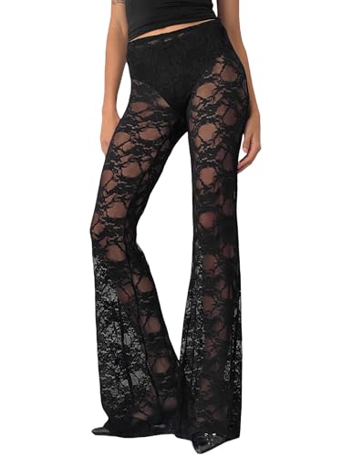 IWOLLENCE Womens Sexy Lace Flare Pants with Bottom High Waist Sheer Mesh Leggings
