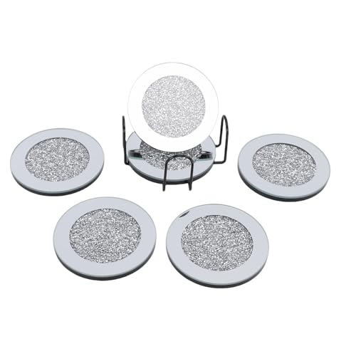 Asixxsix 6 Sottobicchieri in Vetro a Specchio con Supporto, Sottobicchiere Rotondo da 4 Pollici, Sottobicchiere in Cristallo di Vetro Antiscivolo per Tavolino da cucinas Bar Decorazioni (SILVER)