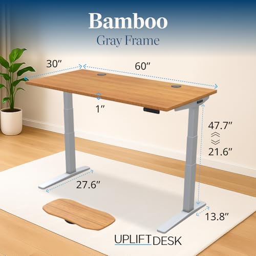 Image of UPLIFTDESK Bamboo (60 x 30 inch) Standing Desk 2-Leg V3 Adjustable Stand Up C-Frame (Gray), Advanced Keypad, Wire Grommets, Wire Tray, Rocker Board