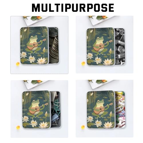 Image of Metal Tin Box with Lid,Multi-functional Storage Large Box Can Store Tea Biscuits Game Cards, Playing & Tarot Cards-Comes with 4 Magnetic Cord Clips,Frog Playing Guitar