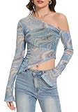 eyanse maglia a maniche lunghe da donna, sexy, da rave, y2k, con spalle scoperte, blu, xs/m