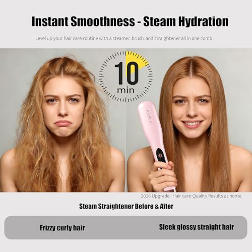 Image of Steam Hair Straightener Brush, 3-in-1 Hair Straightening Brush for Frizzy, Curly & Thick Hair and Short Hair, Steamer Straightener Brush for Anti-Frizz, Steamer for Reduced Heat Damage, Dual Voltage