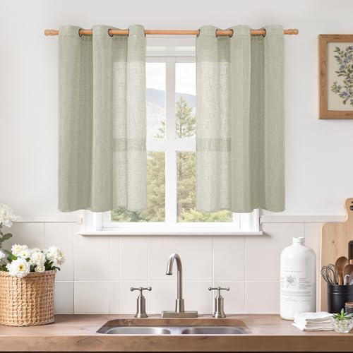 Image of LAMIT Short Linen Curtains 40 Inch Length, Sage Grey Small Window Semi Sheer Drapes Light Filtering Bronze Grommet Neutral Panels for Cafe /Basement, 2 Panels Set, 34 x 40 Inch