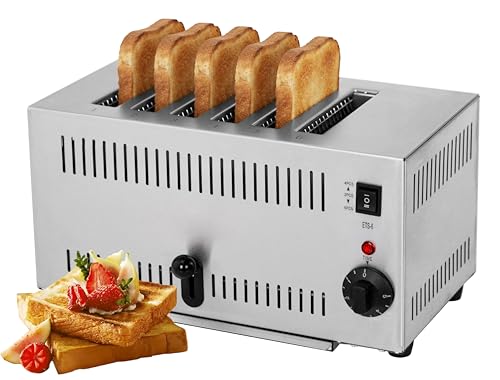 6-Slice Commercial Toaster with Extra-Long 140mm x 38mm Slots 2500W Stainless Steel Wide Slot Bread Toaster Adjustable 5 Browning Levels Manual Pop-Up & Removable Crumb Tray