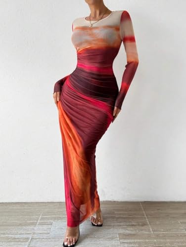 Image of LIGHT DOT Women's Printed Bodycon Maxi Dress Long Sleeve Tie Dye Mesh Ruched Cocktail Dress