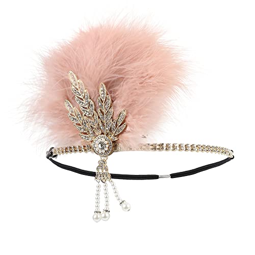 1920 Flapper Pluma Diadema Arte Decoración Gatsby Rhinestone Hoja Medallón Imitación Perla Headpiece Accesorios para el Cabello Mujeres, Rosado, Talla única