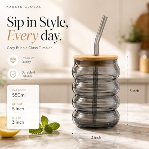 Image of Glass Tumblers with Wooden Lid and Glass Straw, 540ml, Borosilicate Glass, for Coffee, Iced Coffee, Juice and Smoothies, Coffee Mug, Sipper (Grey - Bubble Shape)