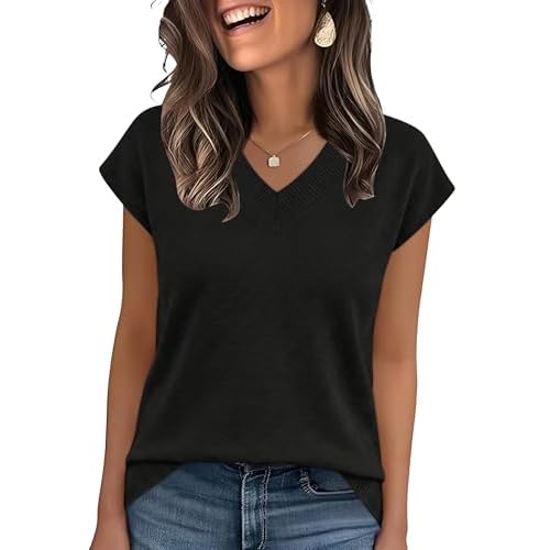 Rapbin Womens Summer V Neck Cap Sleeve Sweaters Knit Lightweight Casual Pullover Tops