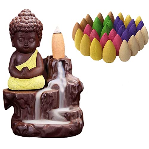 Image of CRAFTAM Meditating Monk Buddha Smoke Backflow Fountain Cone Incense Holder Decorative Showpiece with Free 10 Smoke Backflow Scented Cone Incense (Yellow)