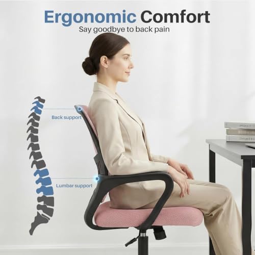 Image of DUMOS Home Office Chair, Ergonomic Lumbar Support Desk Chair | Mid Back Mesh, Height Adjustable Fixed Armrest, Rocking Mode 360 Swivel, Conference Computer, Pink