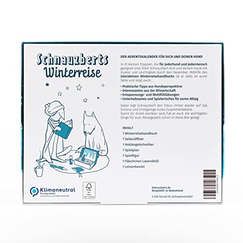 Schnauzberts Winterreise – Adventskalender für Menschen mit Hund – Erlebnisbox mit Buch, Bio-Duftöl, Spielbrett und weiterem Zubehör, für Achtsamkeit, Entspannung und positives Hundetraining