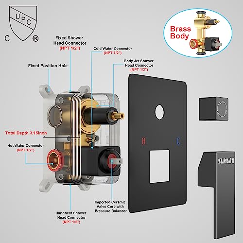Starbath Matte Black Shower System With Rain Shower And Handheld Shower Head, 12 Inch Wall Mounted Shower Faucet Rough-In Mixer Valve And Trim Included Shower Combo Set (/ With Body Jets) #TOP5