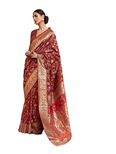Sari indien Kashmiri en soie tissé main chic robe traditionnelle rouge 3856