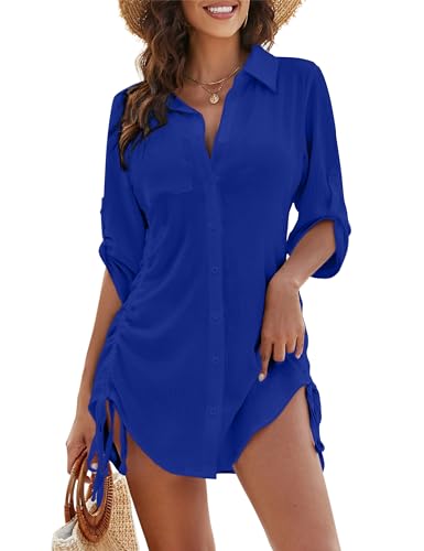 Blooming Jelly Womens Bathing Suit Cover Ups Bikini Swimsuit Coverup Drawstring Button Down Beach Dress Shirt(Medium, Sapphire Blue)