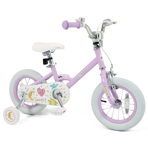COSTWAY Kids Bike for Girls Boys Age 3-8 Years, 12 Inch Girls Bike, Children Bicycle with Training Wheels, Coaster Brake, Height Adjustable Handlebar and Seat (Purple,12 Inch)