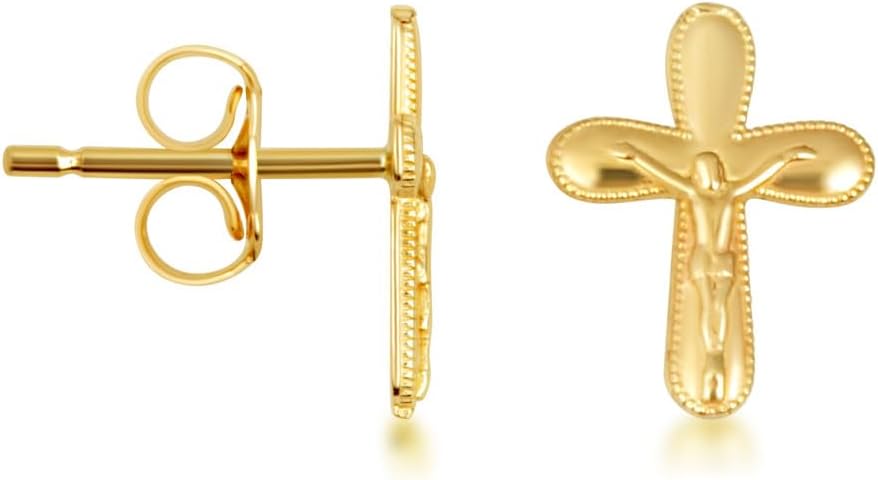 Claddagh Gold 10K & 14K Yellow Cross Crucifix Jesus Christ Milgrain Stud Earrings