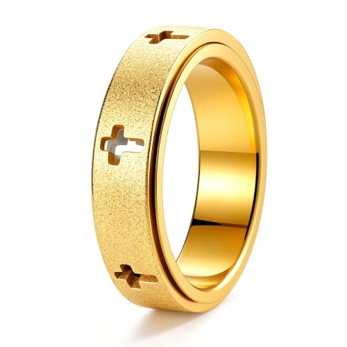 Womens Fidget Rings 6mm Anxiety Spinner Ring Women Stress Ring Cross Gold 6
