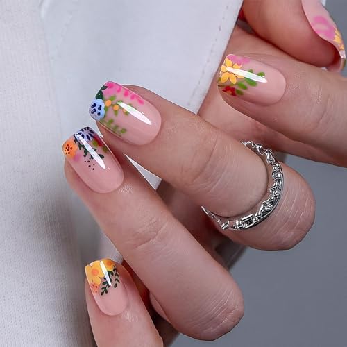 CurvLife Short Square French Tip Press On Nails, Nude Colorful, Soft Gel