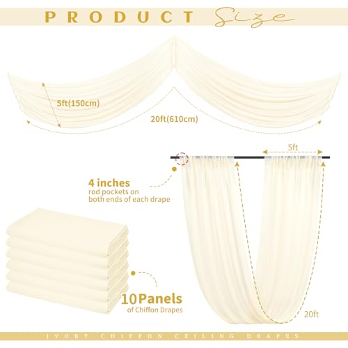 10 Panels Beige Ceiling Drapes for Wedding Ceiling Drapes 5ftx20ft Wedding Arch Draping Fabric Sheer Curtains Chiffon Drapery Draping Decorations for Party Ceremony Stage Swag by Showgeous - Used condition - Image 2