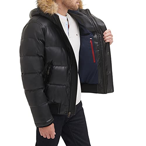 Tommy Hilfiger Men's Quilted Arctic Cloth Snorkel Bomber Jacket With Removable Hood (Standard And Big & Tall), Black Faux Leather, Large #TOP3