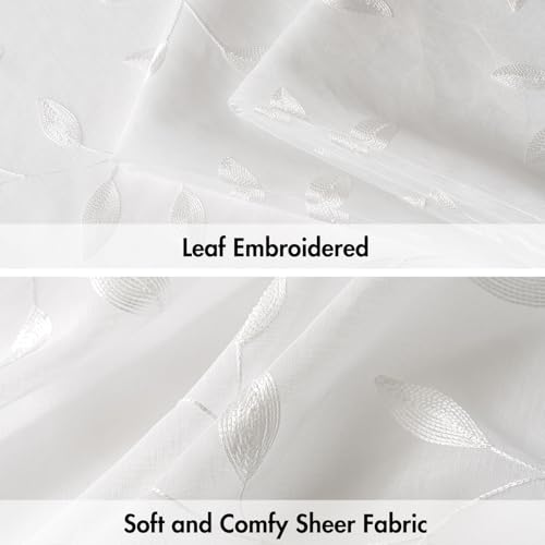MIULEE White Curtains 2 Panels Embroidered Leaf Patterned Rod Pocket Floral Semi Sheer Faux Linen Window Curtains Drapes for Living Room Bedroom Farmhouse, 52x63 Inches Long by MIULEE - Used condition - Image 4