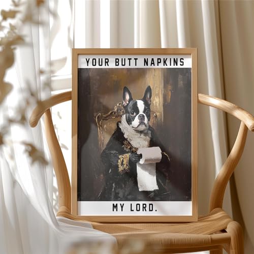 Image of Boston Terrier Gothic Bathroom Wall Art Print Poster, Dog Pet Lover Picture Painting Artwork Bedroom Living Room Office Dining Room 150D (Boston Terrier Gothic Bathroom, 11 inchW x 14 inchL, Wood Frame)