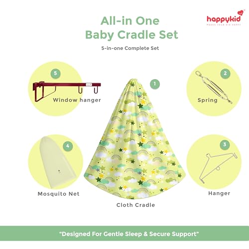Image of Happykid Baby Cradle Set | Durable Cotton Cloth, Mosquito Net, Spring, Triangle and Window Hanger (Green, Without Bed)