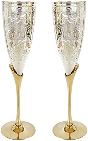 VIBRANIC Wine Glass Handmade Engraved Vintage Silver & Gold Plated Champagne Fluted Wine Glass Pack of 2 (Silver Plated)