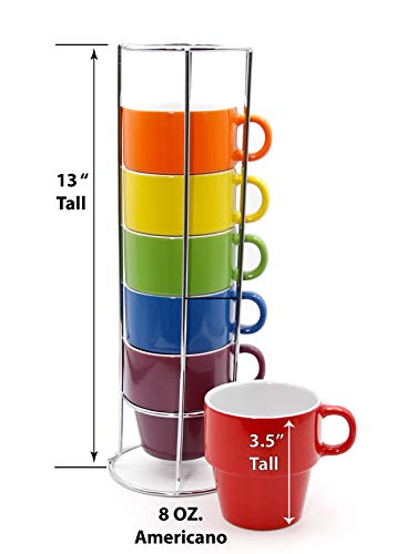 Gypsy Color 8 OZ. Americano Stacking Coffee Mug Set with Metal Stand, Rainbow Multi Colored Hand Glazed Ceramic Stoneware
