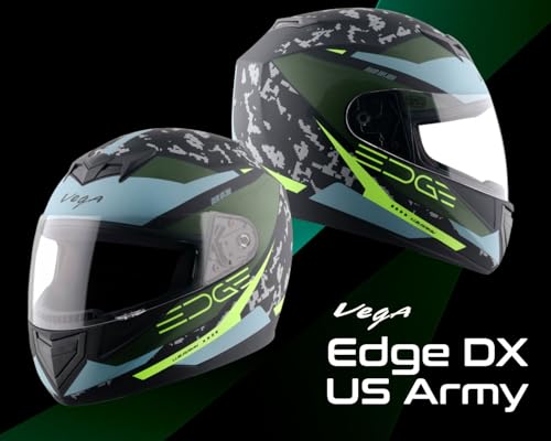 Image of Vega Edge DX US Army Full Face Motorcycle Helmet with Matte Shell, Shock Absorbing Liner, Comfortable Interior, Ventilated Fit, Aerodynamic Build, and Trendy Dull Black Battle Green Finish Dull Black Battle Green-L