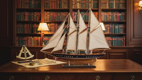 SAILINGSTORY 30" Wooden Sailboat Model Ship Sailboat Decor Schooner Atlantic 1:50 Scale Replica Navy and Walnut Antique Finish