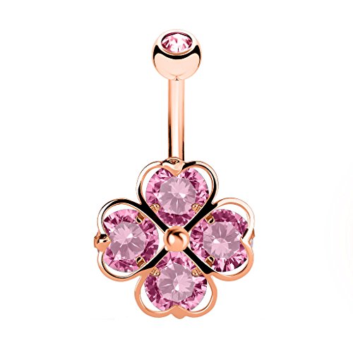 Preisvergleich Produktbild Piercingfaktor Bauchnabelpiercing Banane Piercing Bauch Stecker Gebogen mit Kristall Herz Kleeblatt Roségold Pink