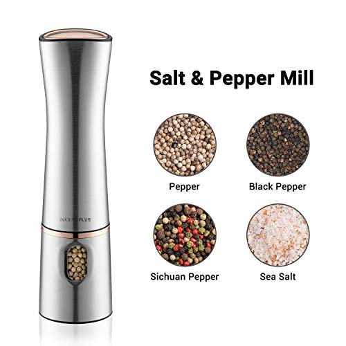 Image of Inkbird Electric Pepper Grinder Mill,Automatic Electric Pepper Grinder,Battery Operated Stainless Steel Pepper Mill Salt Mill with Light,Push Button Adjustable Coarseness