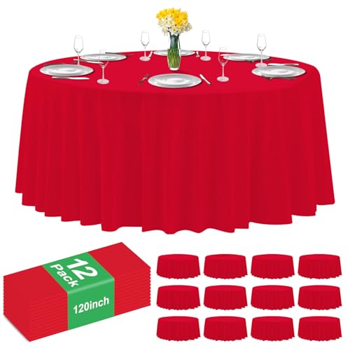 CC-SLZP 12 Pack Premium Red Plastic Table Cloth -120 Inch Round Tablecloth, Disposable Tablecloth Plastic Table Cover for Parties (12, Red, 120