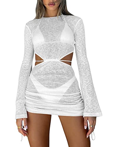 Kaximil Women's Swimsuit Coverup Long Sleeve Sexy Beach Bathing Suit Cover Ups Mini Dress Swimwear