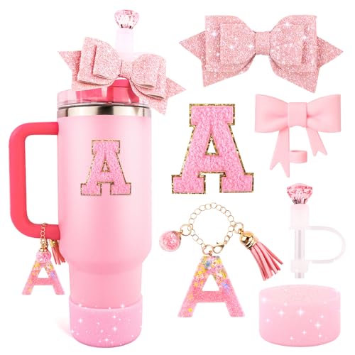 Pink Cup Accessories Set for Stanley 30OZ & 40OZ Tumbler with Handle, Letter Charms, Bow & Diamond Straw Covers, Glitter Silicone Boot, Personalized Sticker for Stanley Cup Accessories (A)
