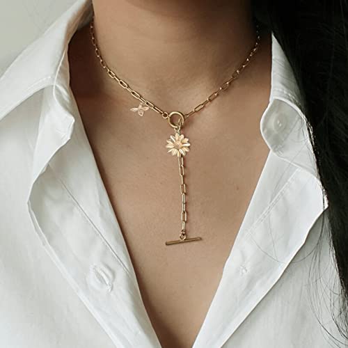 DoreenBeads 18K Gold Sun Moon Star Compass Pendant Necklace Chunky Toggle Paperclip Chain Necklace with Heart Daisy Bee Charms for Women Girls 20 Inches4