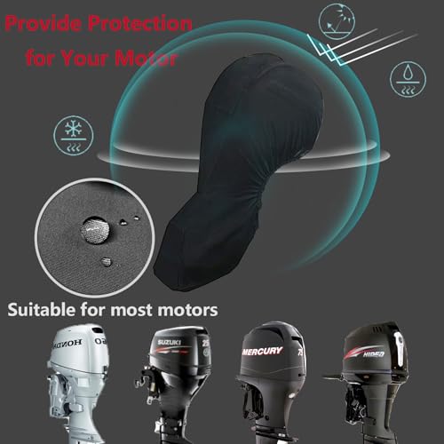 FLYMEI Outboard Motor Cover Fit 20-30 HP Motor, Full Boat Motor Cover Waterproof 600D Heavy Duty Oxford Fabric with PU Coating, Windproof Outboard Engine Hood Covers with Zipper, Universal, Black