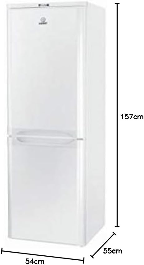 Diagram showing the dimensions of the Indesit NCAA 55 fridge-freezer: 157cm height, 54cm width, 55cm depth.