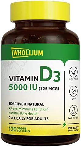Whollium Vitamin D3 (as Cholecalciferol), 5000 IU (125 mcg), Supports Bones & Dental Health, Premium for Brain & Immune Function, No Gelatin, No Gluten, No Dairy, 120 Vegetarian Softgels